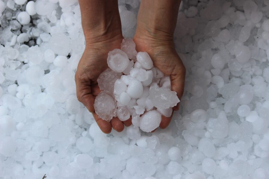 Woman's hands holding big hailstones. Thick layer of hailstones on the ground beneath.