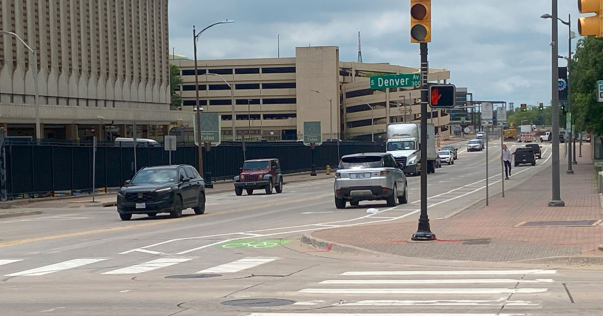 Traffic along 3rd St in downtown Tulsa.