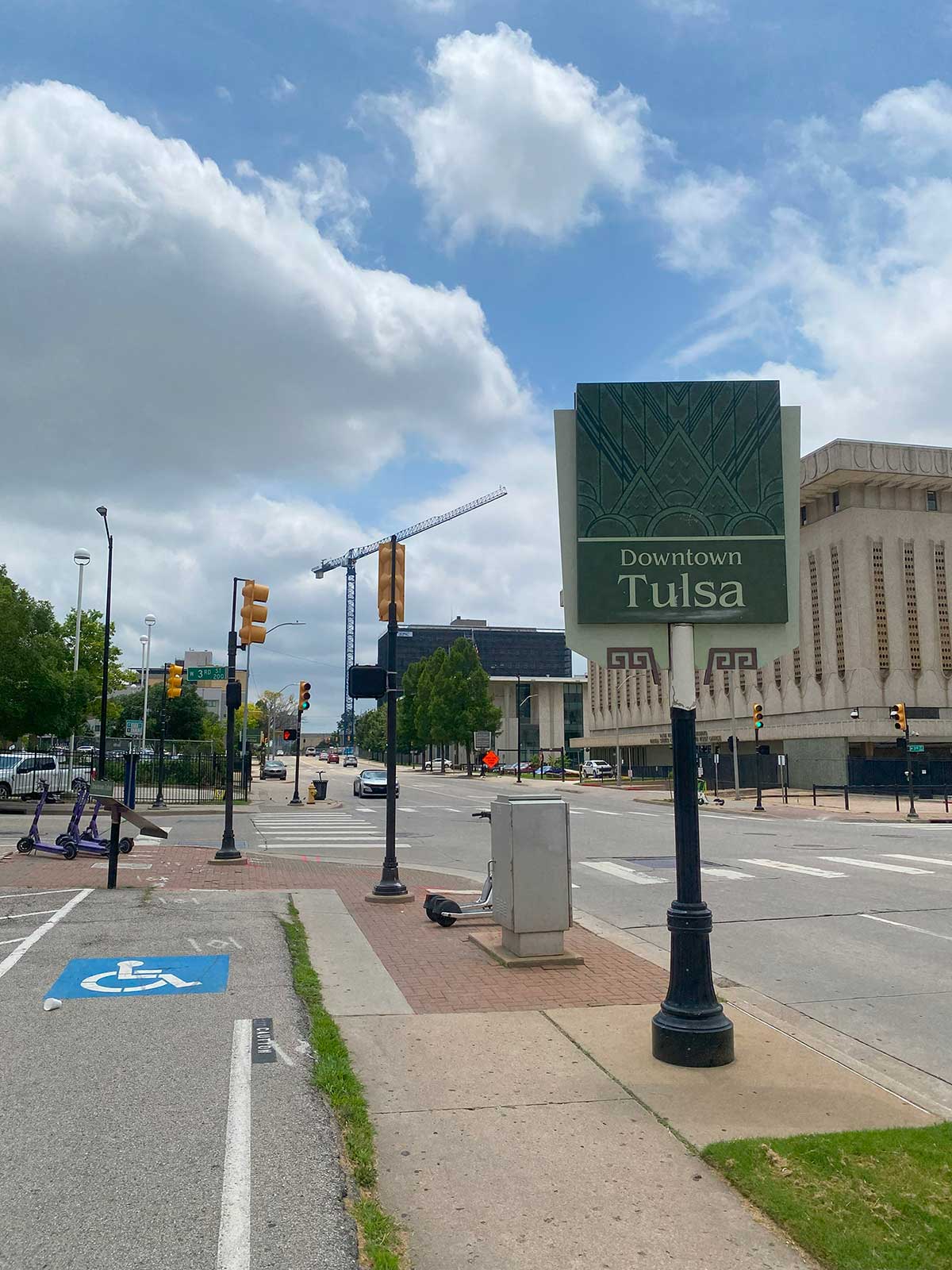 Oncoming traffic on 3rd St in downtown Tulsa.