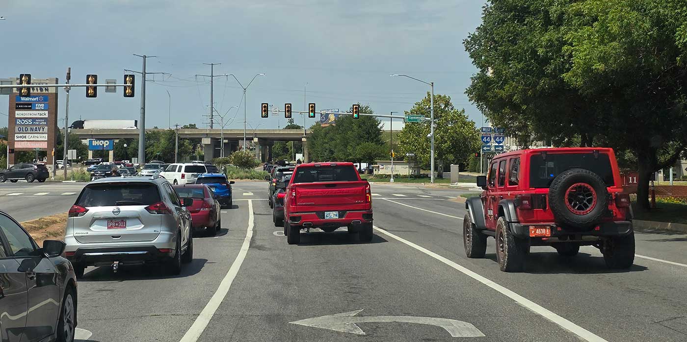 Heavy traffic approaching the I40 overpass in OKC.